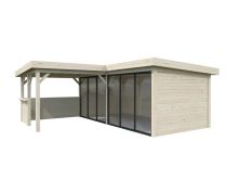 Zahradní domek Lenna 16,6 m2 s přístřeškem 8,3 m2  (se zábradlím)  s 2 posuvnými dveřmi s dvojitým sklem (7)