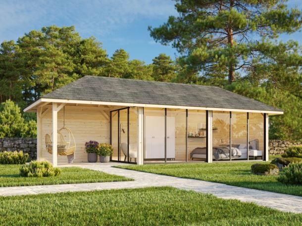 Zahradní domek s pergolou Bianca 24,9 m2  (s posuvnými dveřmi) - Set 217