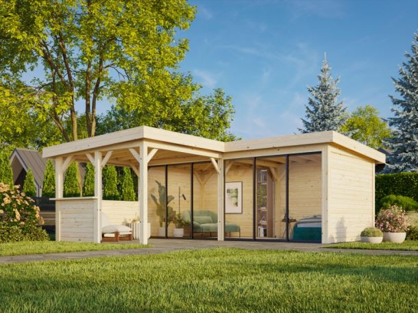 Zahradní domek Lenna 16,6 m2 s přístřeškem 8,3 m2  (se zábradlím)  s 2 posuvnými dveřmi s dvojitým sklem