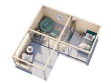 Zahradní domek Lenna 16,6 m2 s přístřeškem 8,3 m2  (se zábradlím)  s 2 posuvnými dveřmi s dvojitým sklem (2)