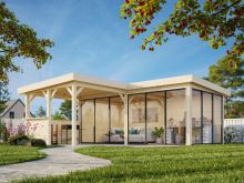 Zahradní domek Lenna 16,6 m2 s přístřeškem 8,3 m2 (se zábradlím) s 3 posuvnými dveřmi s dvojitým sklem Zahradní domek Lenna 16,6 m2 s přístřeškem 8,3 m2 (se zábradlím) s 3 posuvnými dveřmi s dvojitým sklem