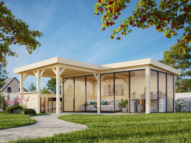 Zahradní domek Lenna 16,6 m2 s přístřeškem 8,3 m2  (se zábradlím)  s 3 posuvnými dveřmi s dvojitým sklem