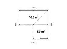 Zahradní domek Lenna 16,6 m2 s přístřeškem 8,3 m2  (se zábradlím)  s 2 posuvnými dveřmi s dvojitým sklem (5)