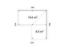 Zahradní domek Lenna 16,6 m2 s přístřeškem 8,3 m2  (se stěnou)  s 3 posuvnými dveřmi (5)