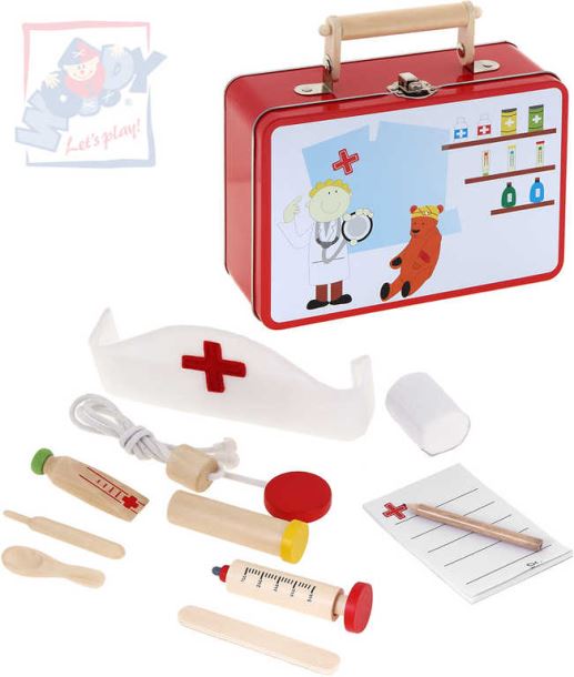 WOODY DŘEVO Dětské lékařské potřeby zdravotnický set v kufříku