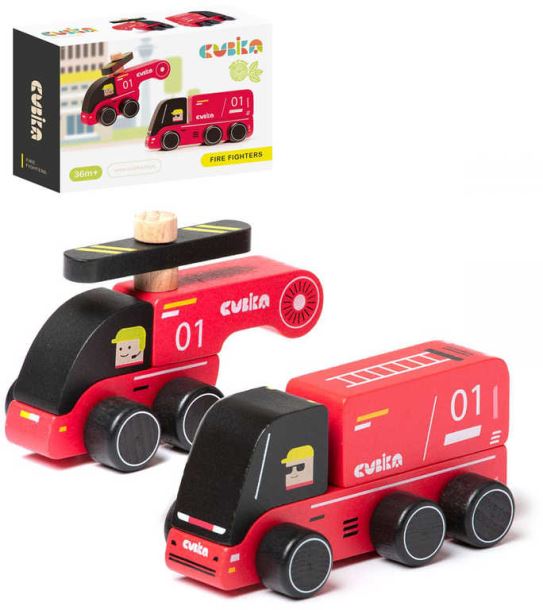 CUBIKA DŘEVO Hasiči set autíčko + vrtulník