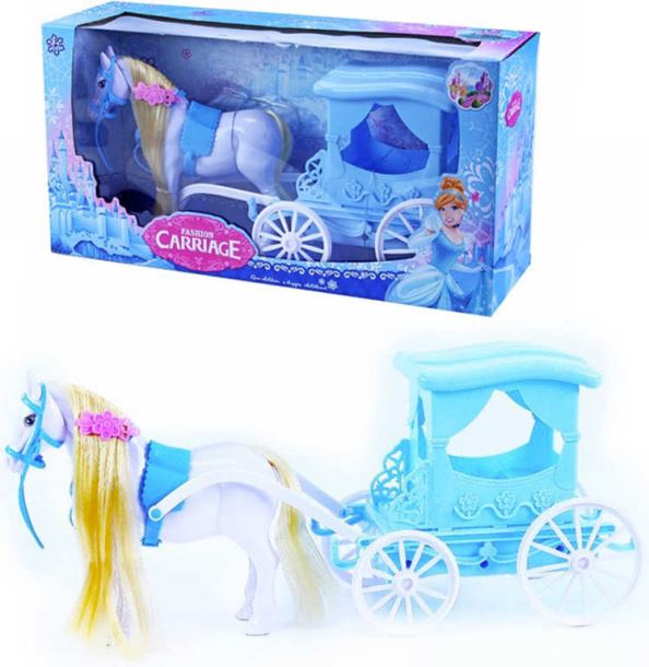 Kočár modrý set s koněm s čeascí hřivou zimní království v krabici plast